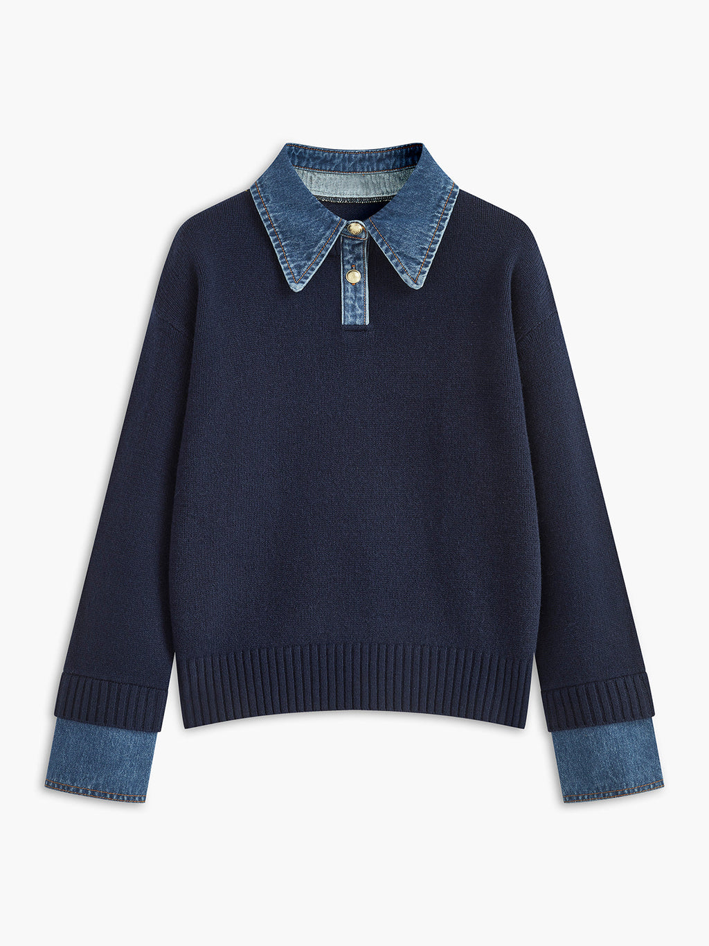 Sweter Damski 2w1 z Jeansowym Kołnierzem i Mankietami
