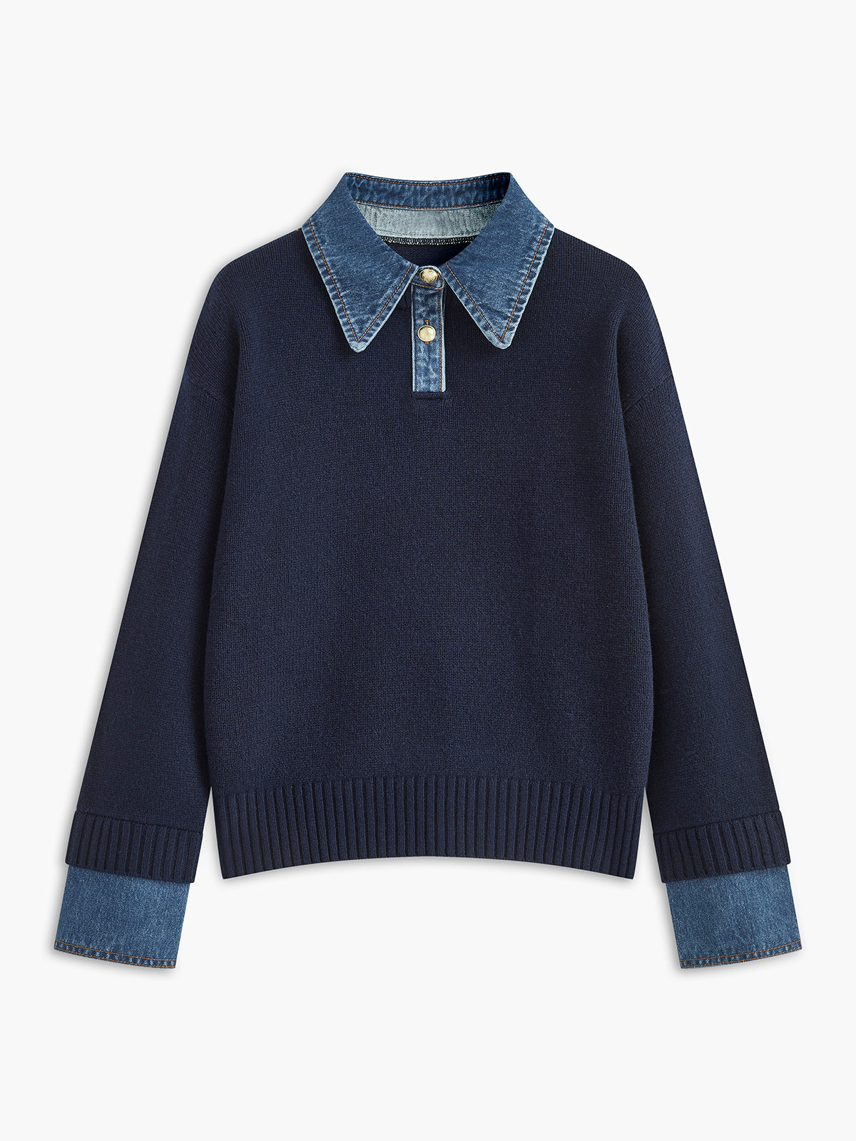 Sweter Damski 2w1 z Jeansowym Kołnierzem i Mankietami