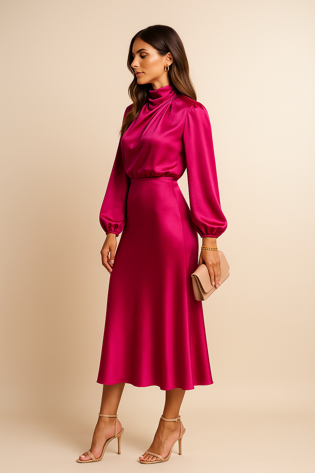 Sukienka Damska Satynowa Midi ze Stójką i Rękawami Balonowymi – ujęcie 18