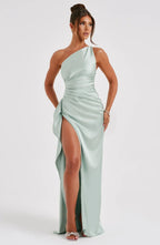 Damska Satynowa Suknia Wieczorowa na Jedno Ramię z Rozcięciem
