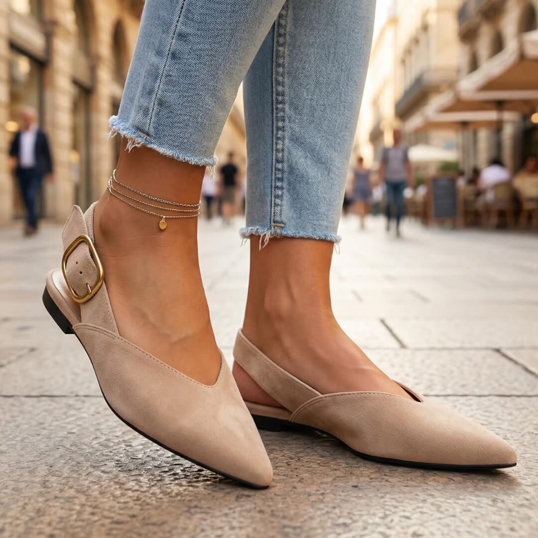Baleriny slingback z zamszu szpiczasty nosek zbliżenie