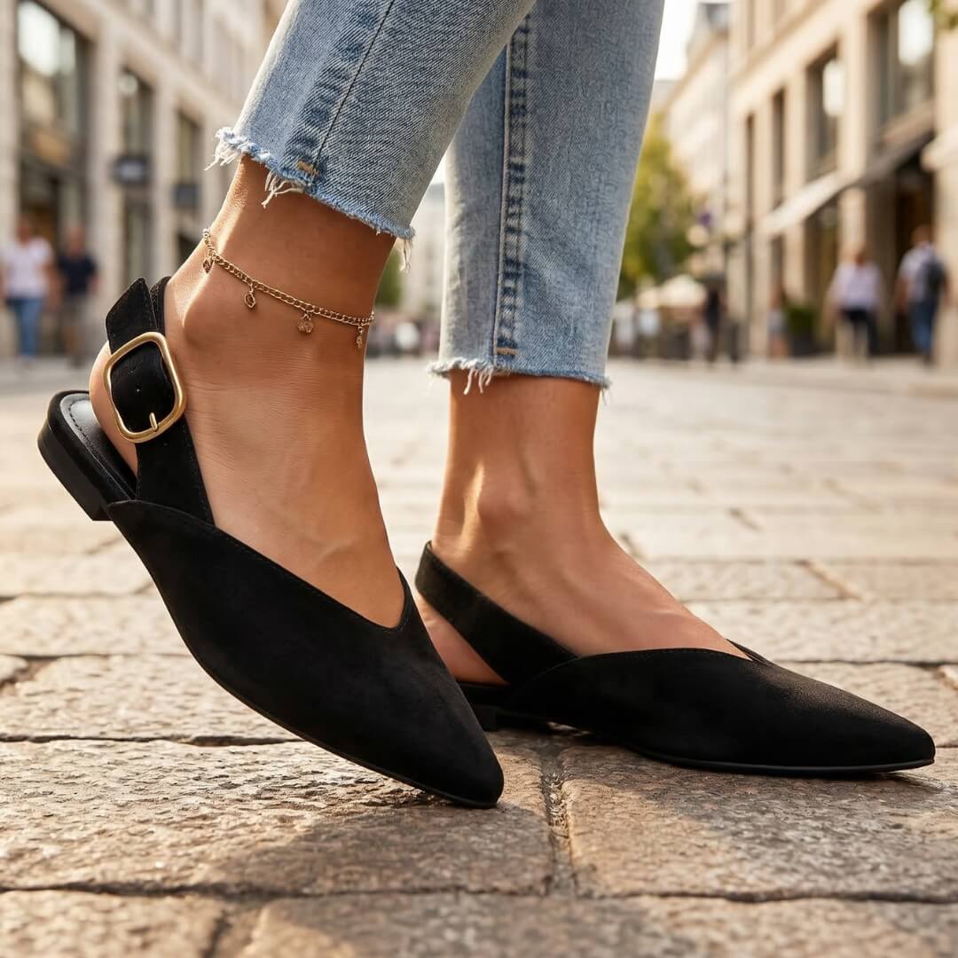 Baleriny slingback z zamszu płaska podeszwa detal