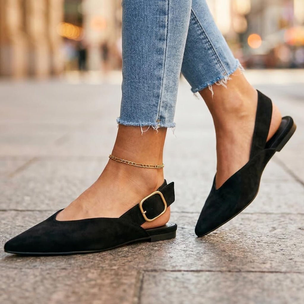 Baleriny slingback z zamszu na stopie stylizacja