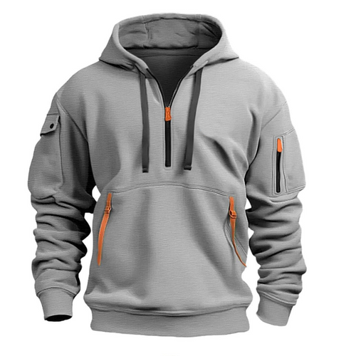 Bluza męska z kapturem rozpinana z kieszeniami, widok z boku