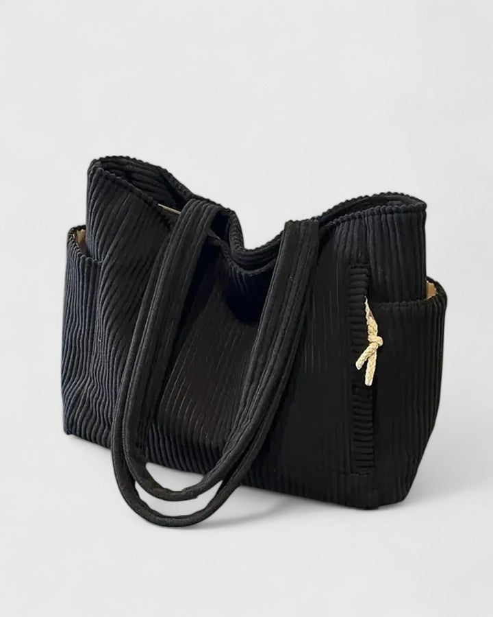 Czarna prążkowana torba shopper ze sznurkiem na laptopa