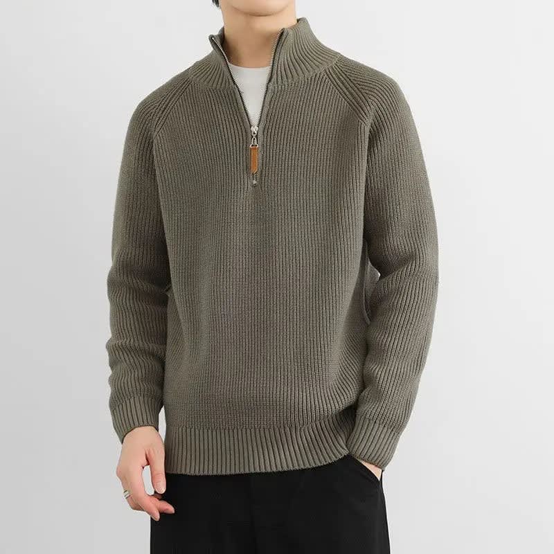 Męski Sweter z Dzianiny na Pół Zamka ze Stójką i Prążkowaniem – ujęcie 2