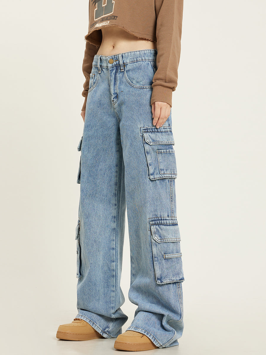 Jasnoniebieskie jeansy cargo damskie
