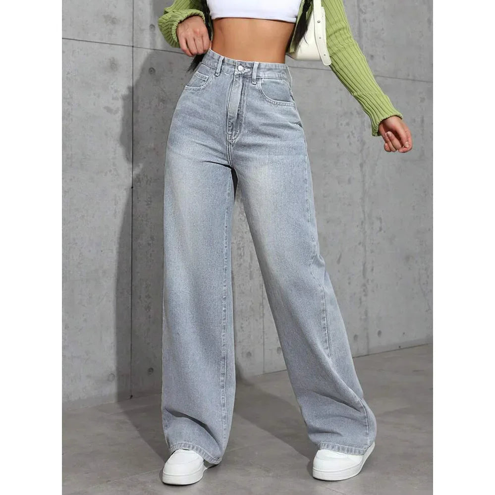 Jeansy damskie baggy z miękkiej bawełny niebiesko-szare