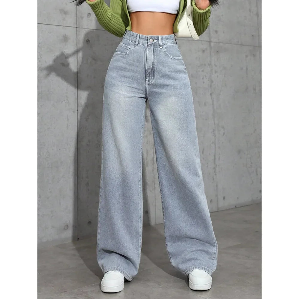 Jeansy damskie baggy z miękkiej bawełny niebiesko-szare