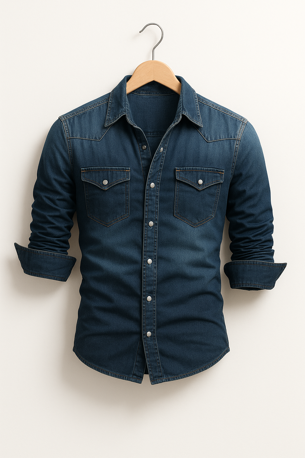 Męska koszula jeansowa z trwałej tkaniny denim, ujęcie z boku