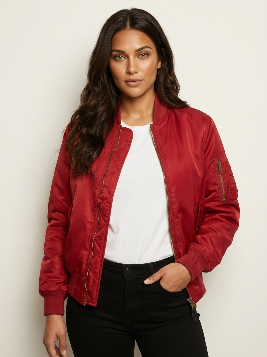 Czerwona damska kurtka bomberka z satynowym połyskiem