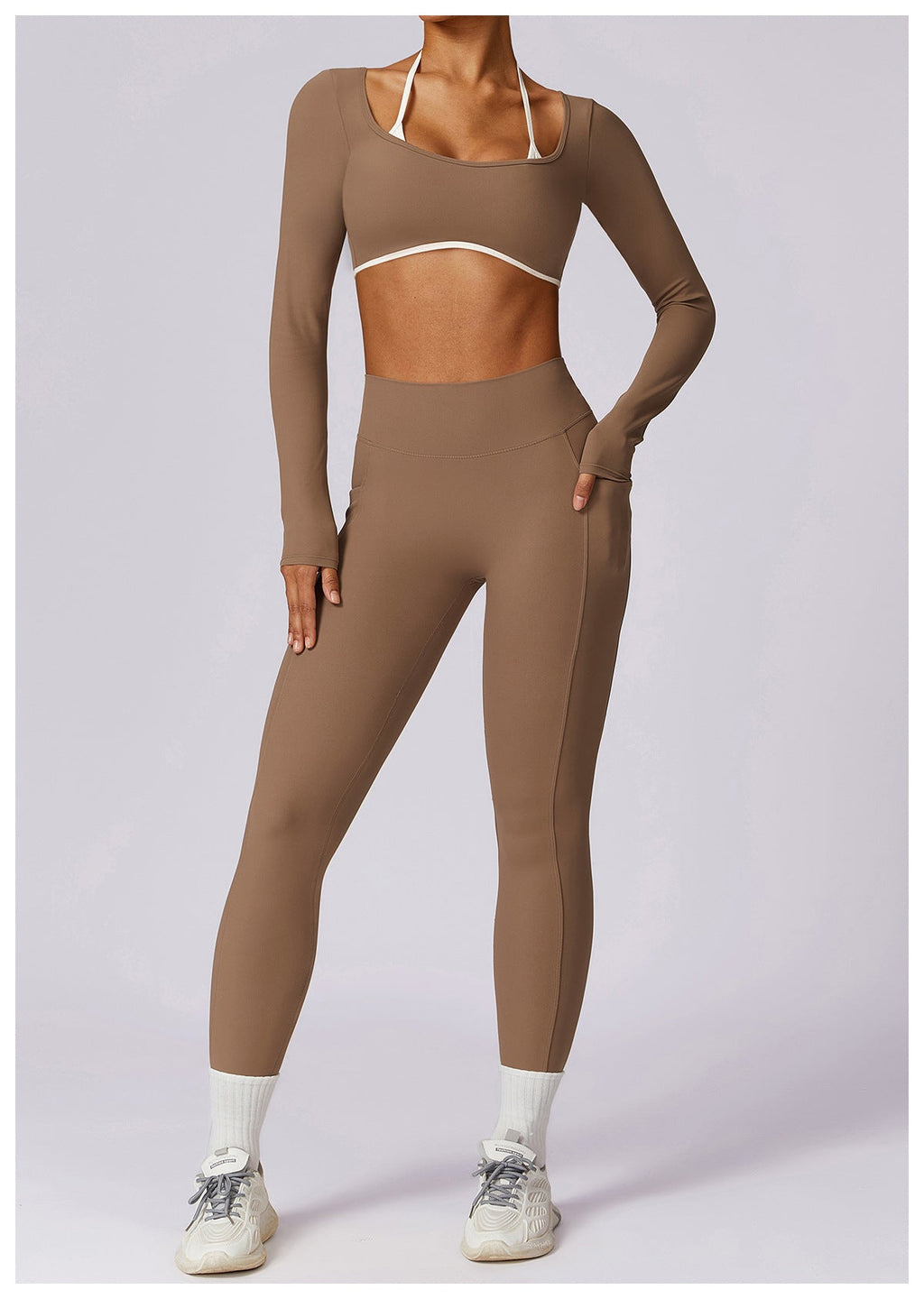 Legginsy damskie z kieszeniami brązowe przód