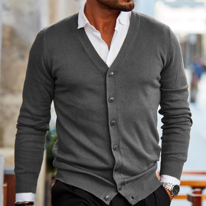 Męski sweter rozpinany w serek na guziki w stylu casual