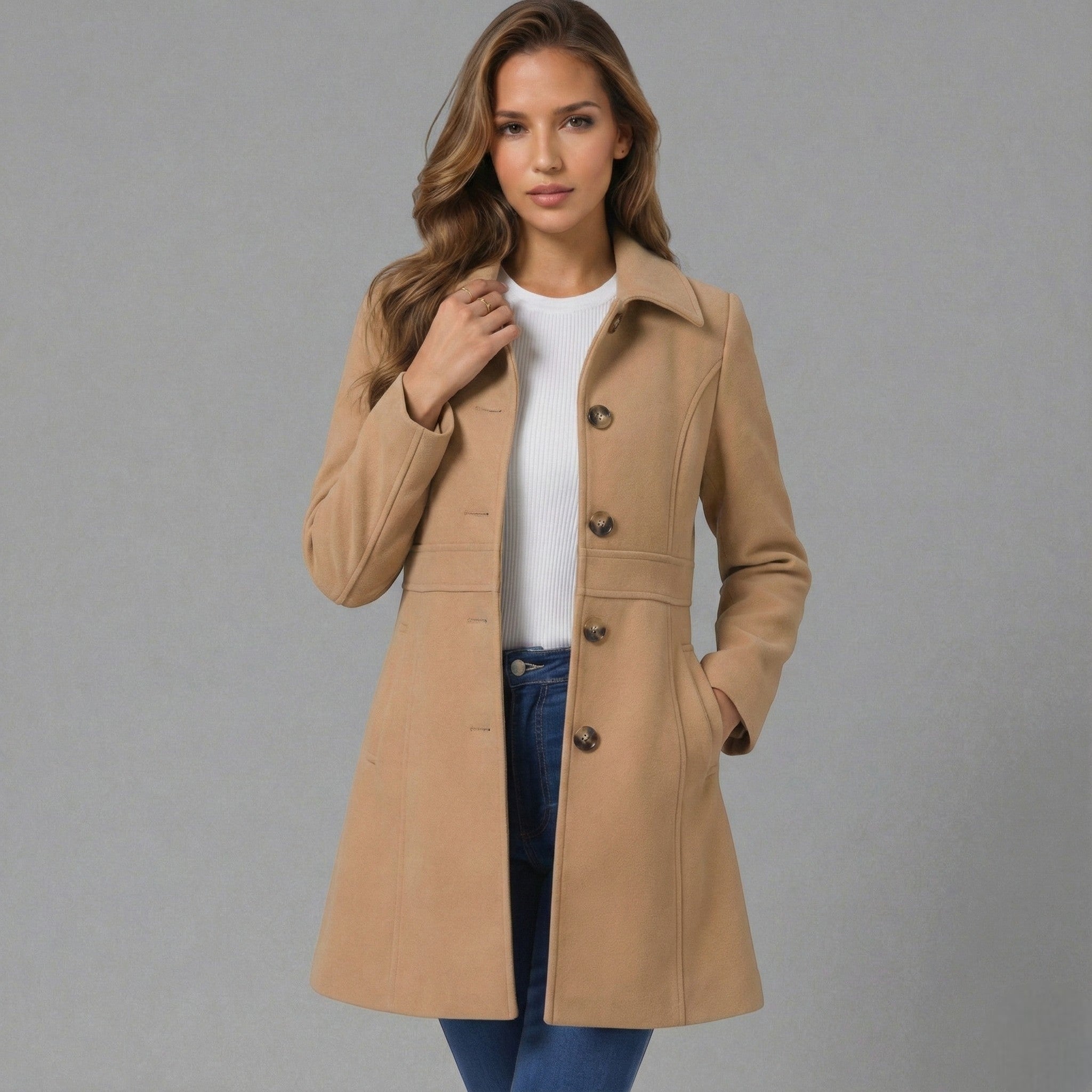 Płaszcz damski A-linia Josephine w kolorze khaki z guzikami – Diamila Moda