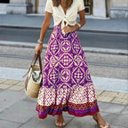 Fioletowa spódnica maxi damska boho z geometrycznym wzorem