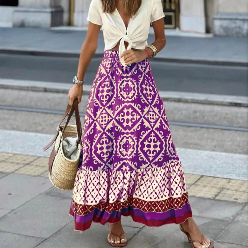 Fioletowa spódnica maxi damska boho z geometrycznym wzorem