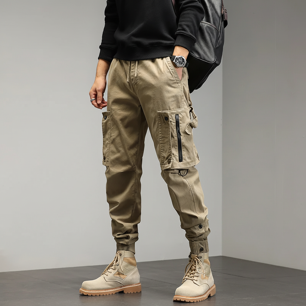 Spodnie cargo męskie slim ze stretchem, kolor khaki