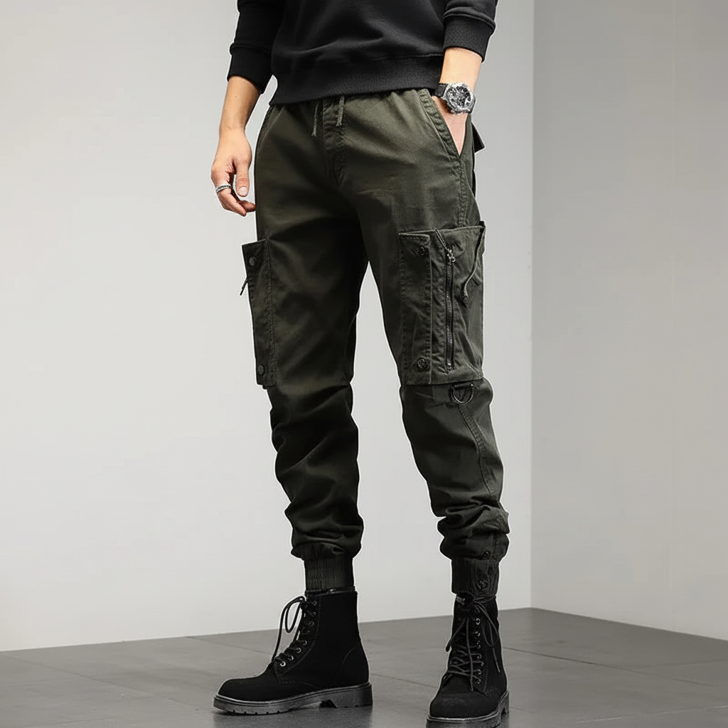 Spodnie cargo męskie slim ze stretchem, kolor oliwkowy