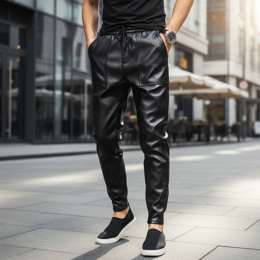 Spodnie męskie z imitacji skóry czarne – ujęcie boczne