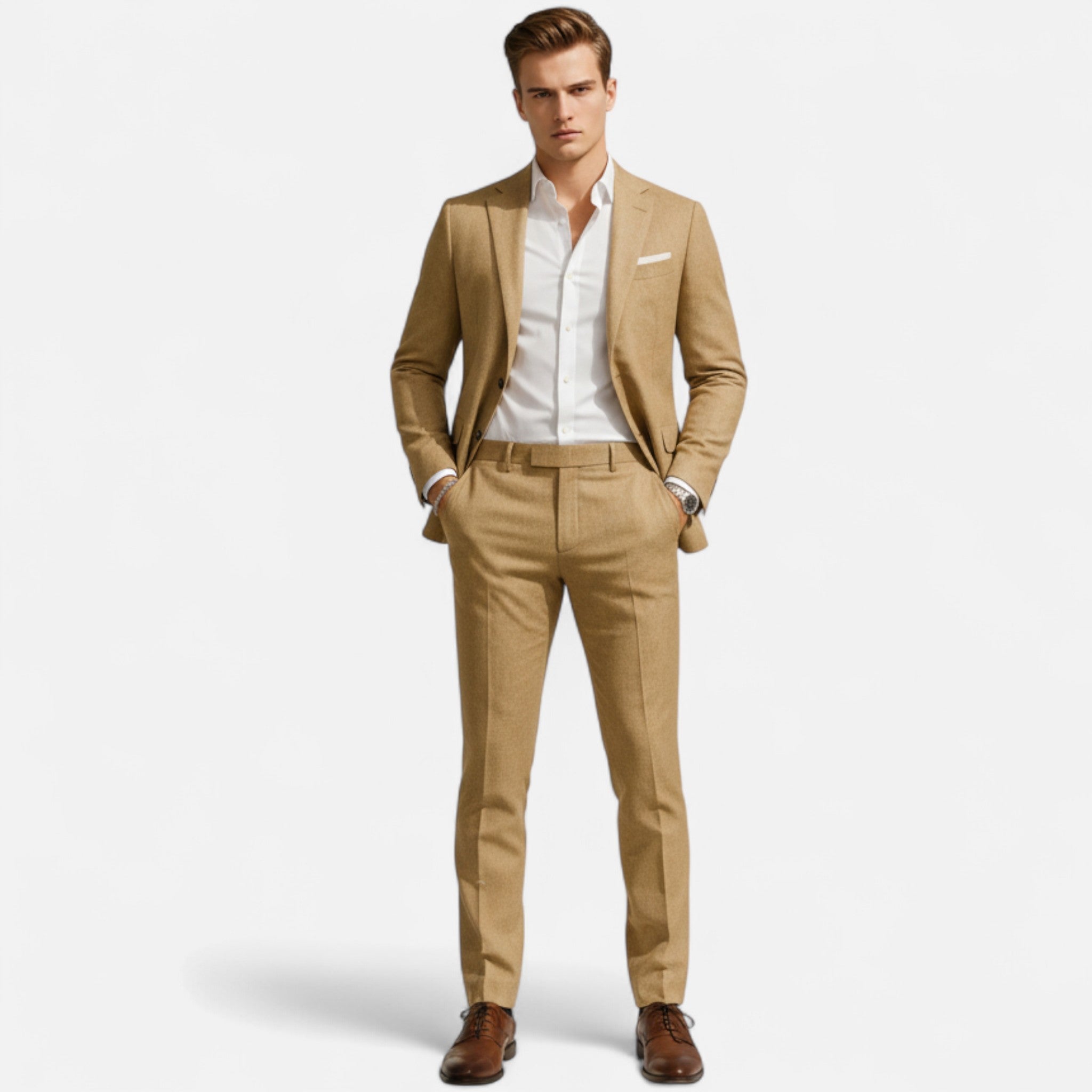 Garnitur Lniany Męski Slim Fit Dwuczęściowy