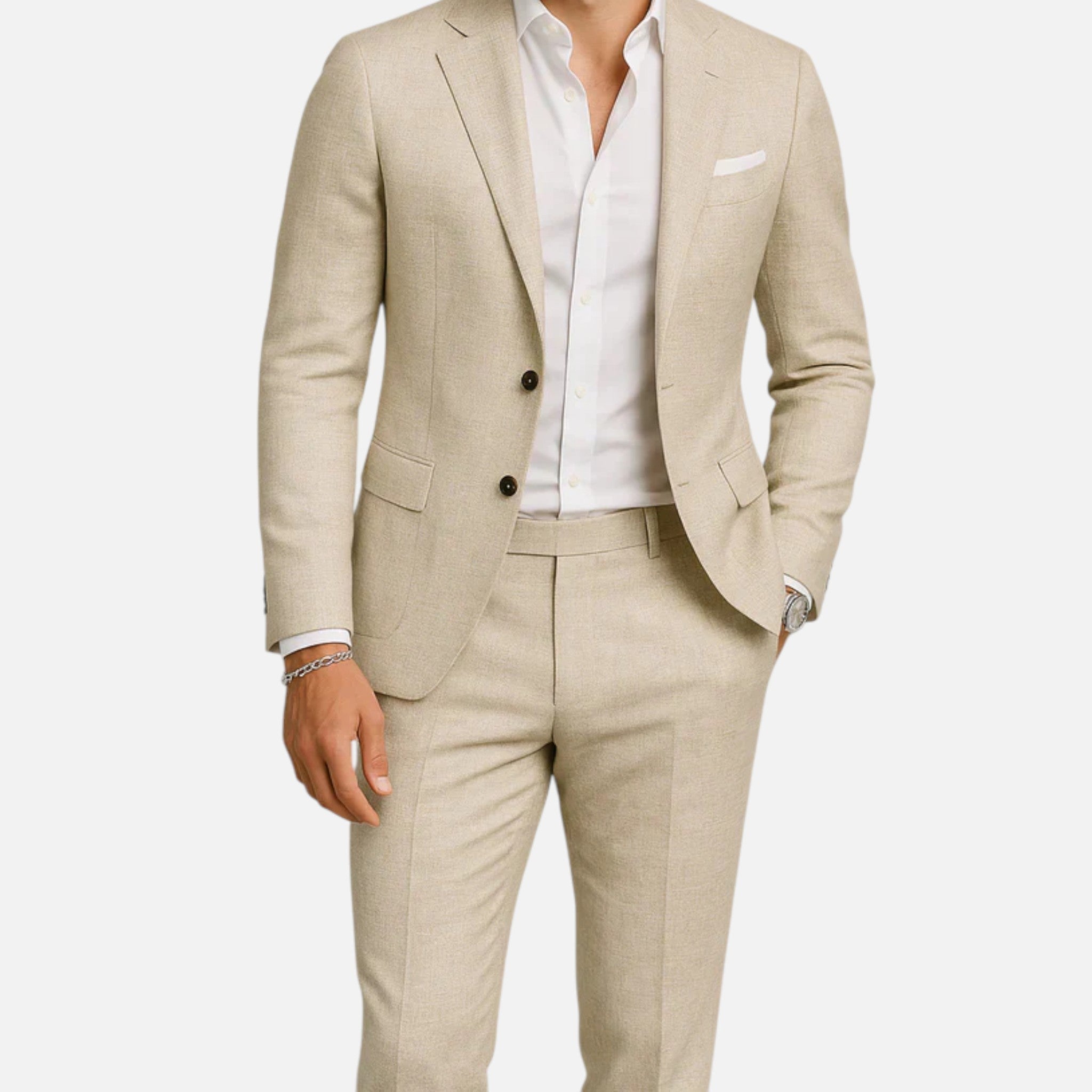 Garnitur Lniany Męski Slim Fit Dwuczęściowy