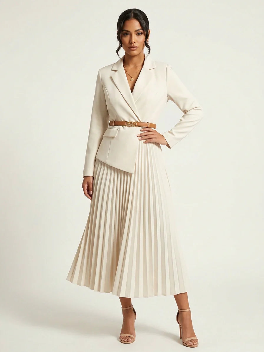 Biała elegancka sukienka midi plisowana w stylu marynarki – Diamila Moda