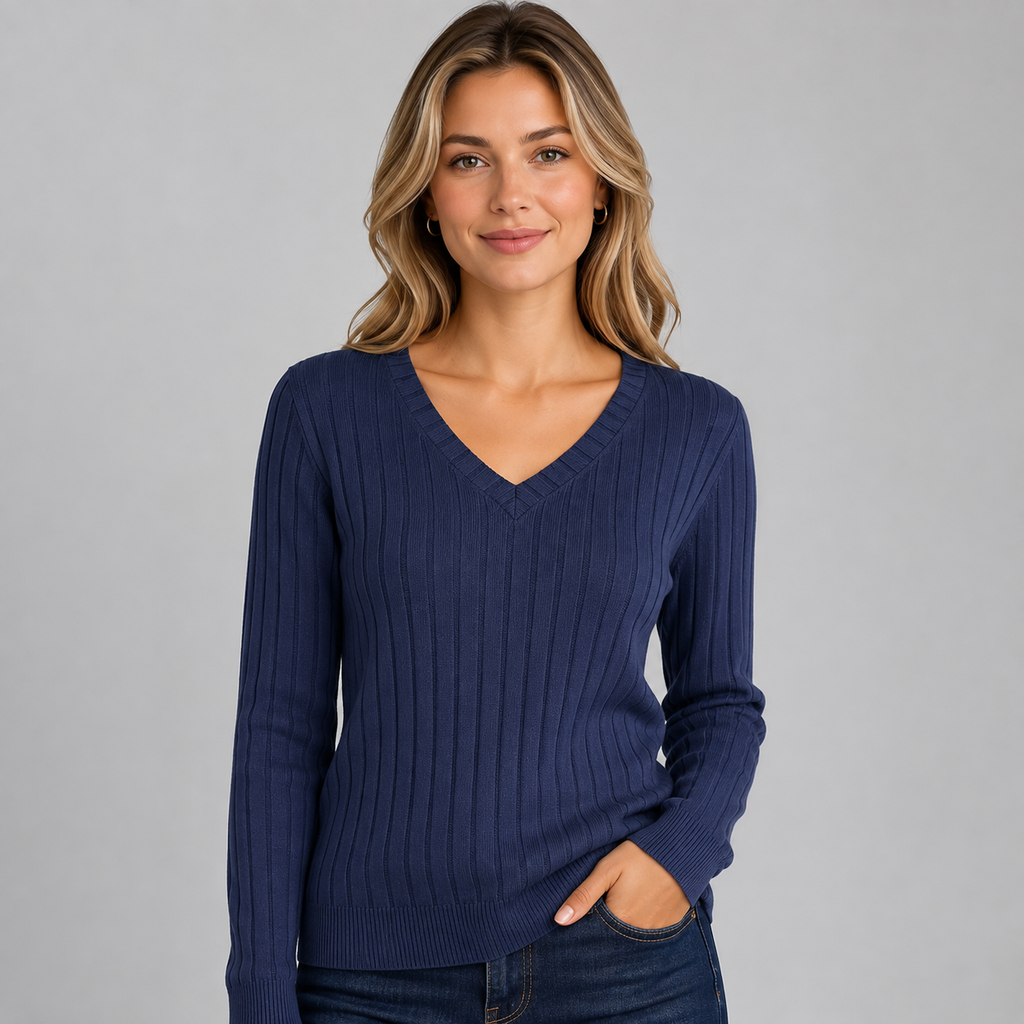 Prążkowany sweter damski z dekoltem V w kolorze granatowym, widok z przodu