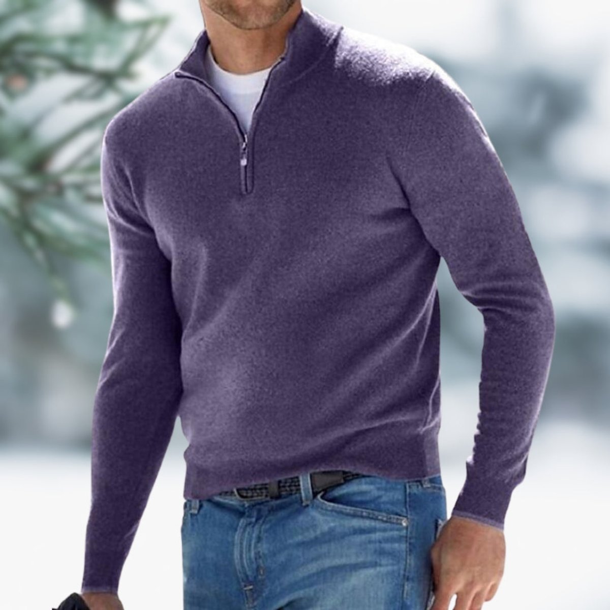 Męski sweter z cienkiej dzianiny na krótki zamek, detal