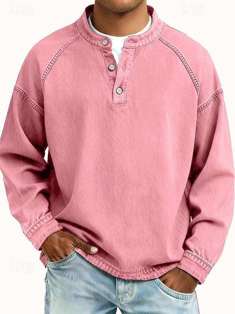 Męski sweter Henley w stylu retro, długi rękaw