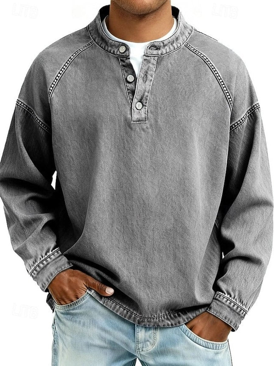Męski sweter Henley w stylu retro z długim rękawem