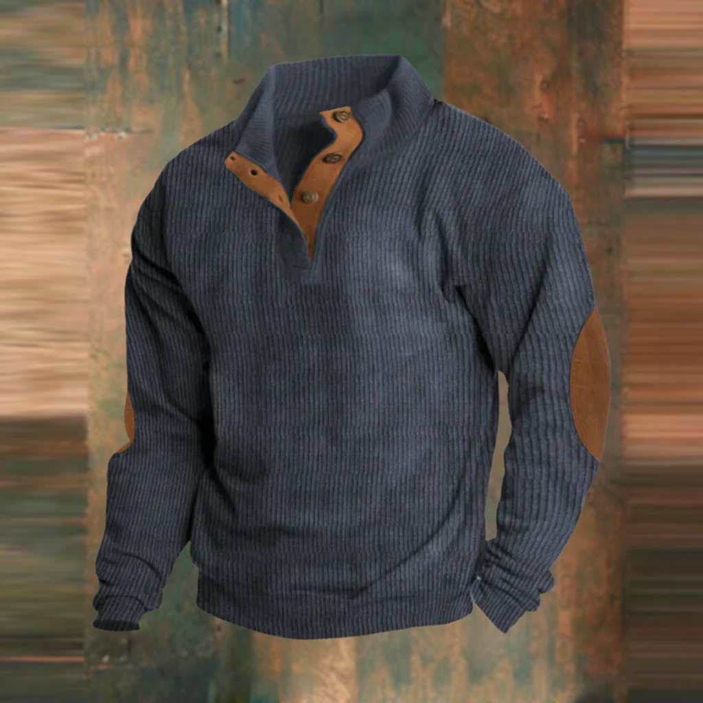 Granatowy sweter męski prążkowany z listwą na guziki