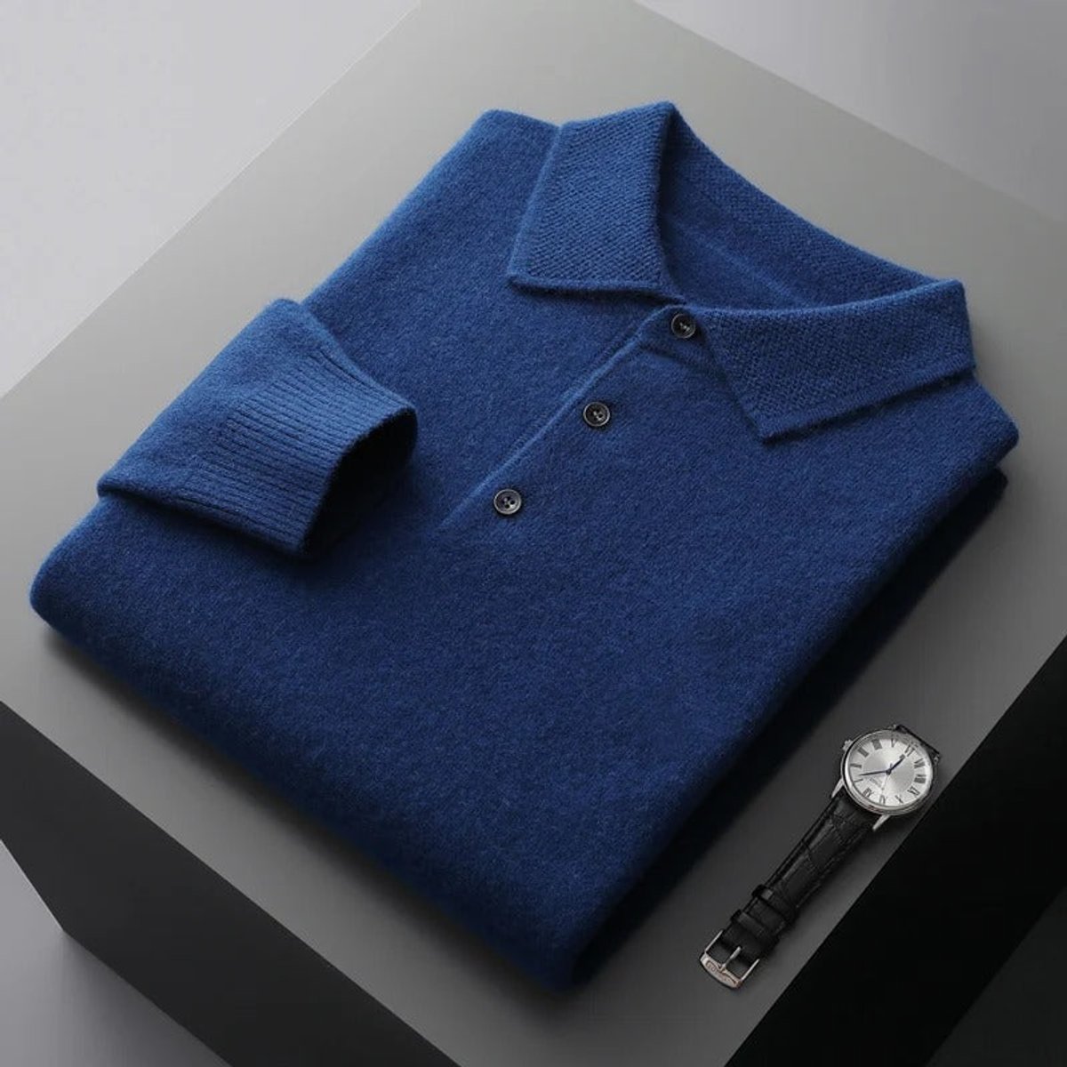 Męski sweter polo z długim rękawem z miękkiej dzianiny