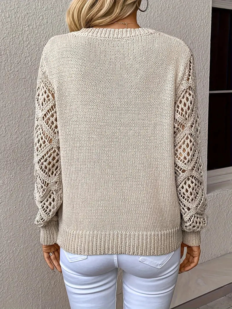 Damski sweter z dzianiny z ażurowymi rękawami i dekoltem V – ujęcie 2