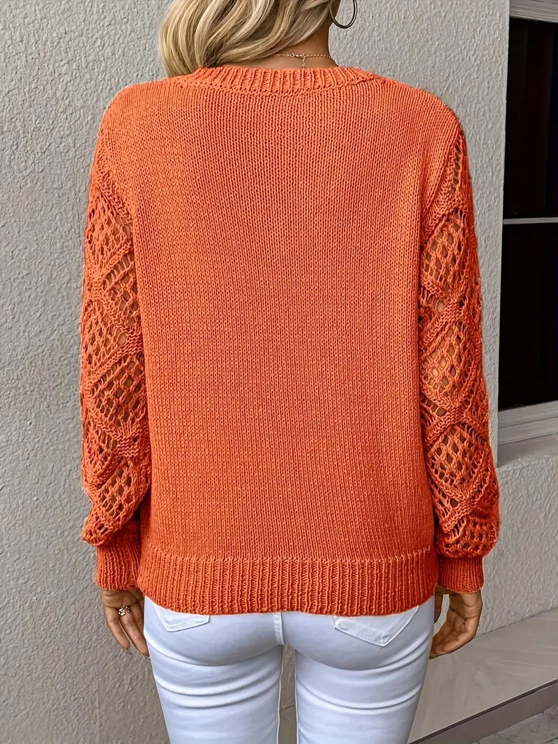 Damski sweter z dzianiny z ażurowymi rękawami i dekoltem V – ujęcie 6