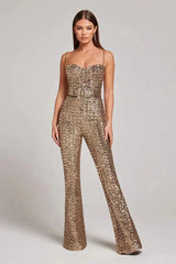 Damski Kombinezon z Cekinami i Szerokimi Nogawkami